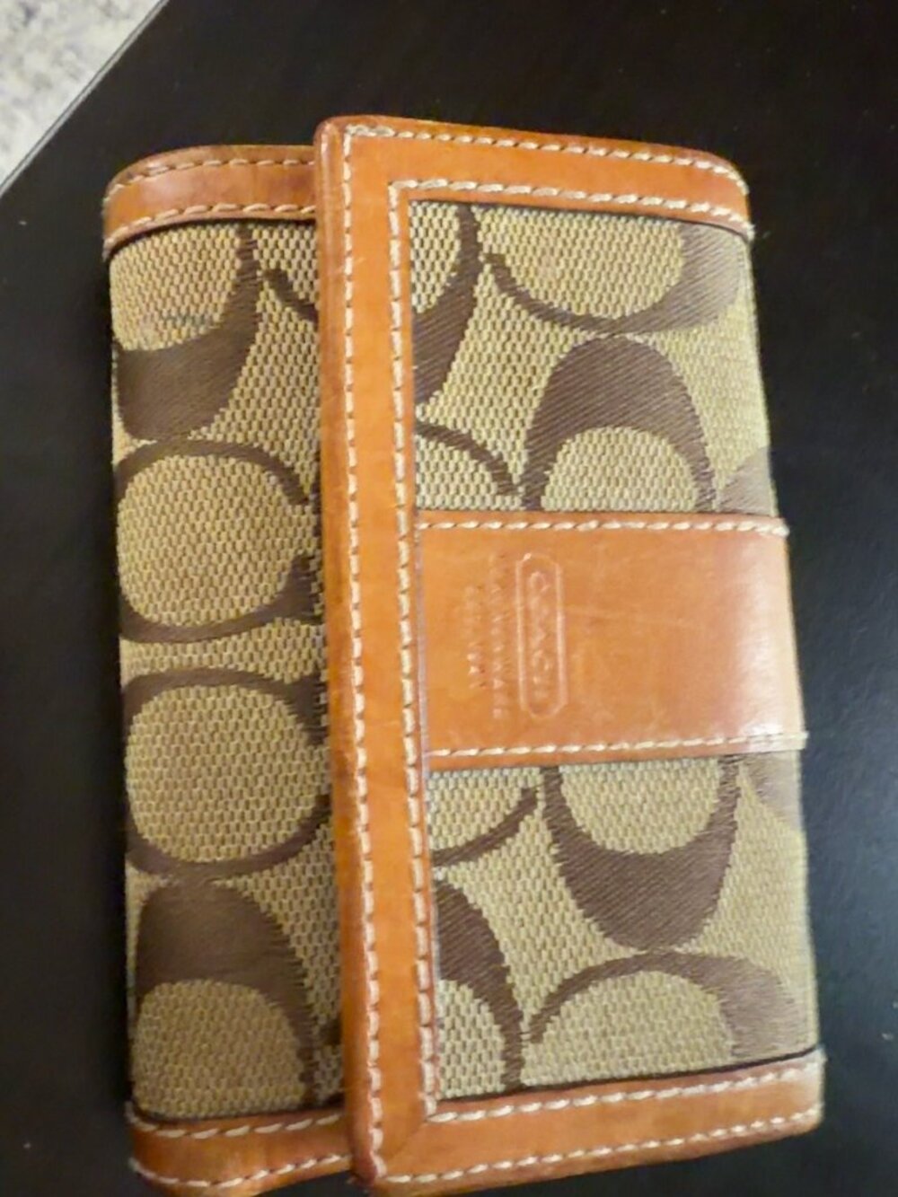 Coach Signature C Jacquard Leather Trifold Wallet Tan Brown Vintage